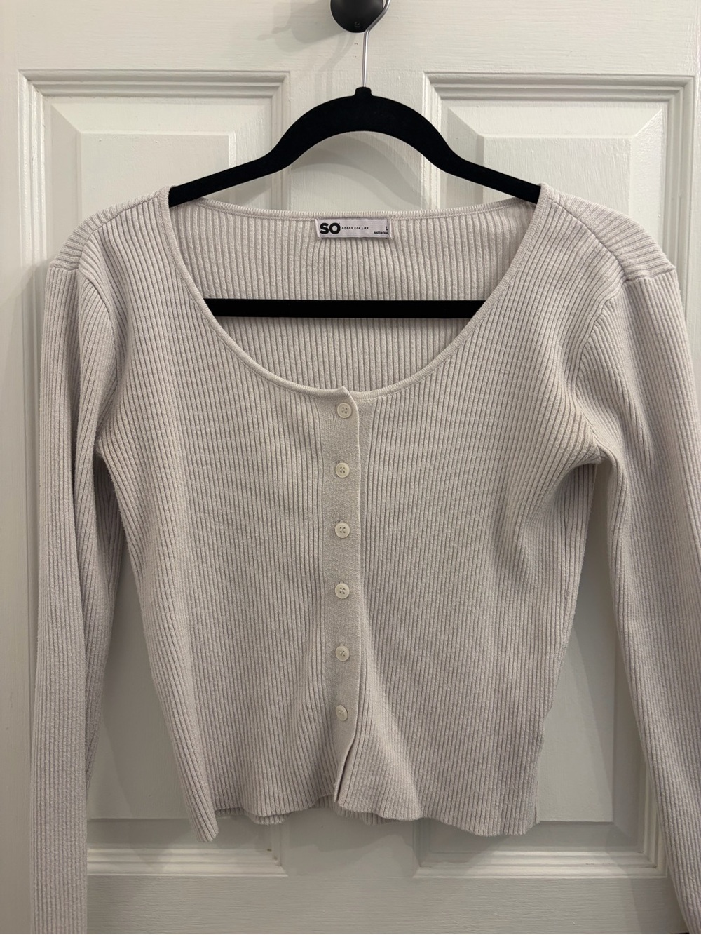 SO Ribbed Scoop Neck Button-Front Top in cream color.  Junior sizing.